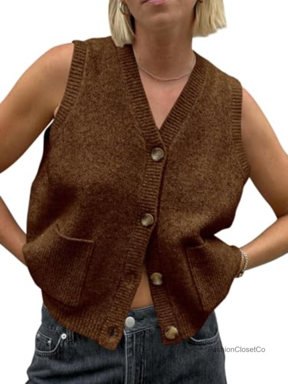 Sleeveless Sweater Vest V Neck Button Knit Cardigan with Pockets